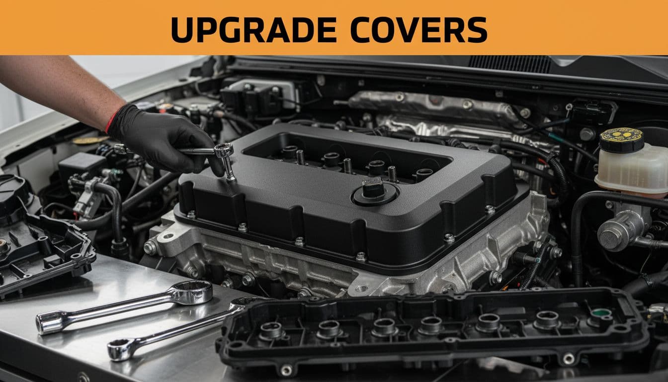 Black aluminum valve cover installed on Ford 3.5 EcoBoost engine on clean workbench, mechanic hand with torque wrench nearby, orange top banner with 'UPGRADE COVERS'.