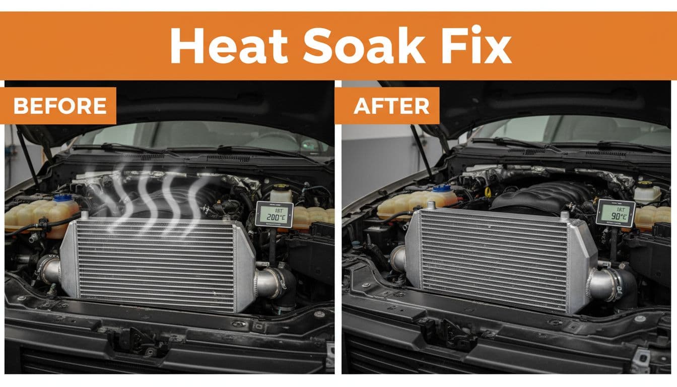 Factory small aluminum intercooler overheating with high IAT gauge next to large bar-and-plate upgraded intercooler staying cool under the hood of a Ford truck in a garage, presented in a before-after split composition.
