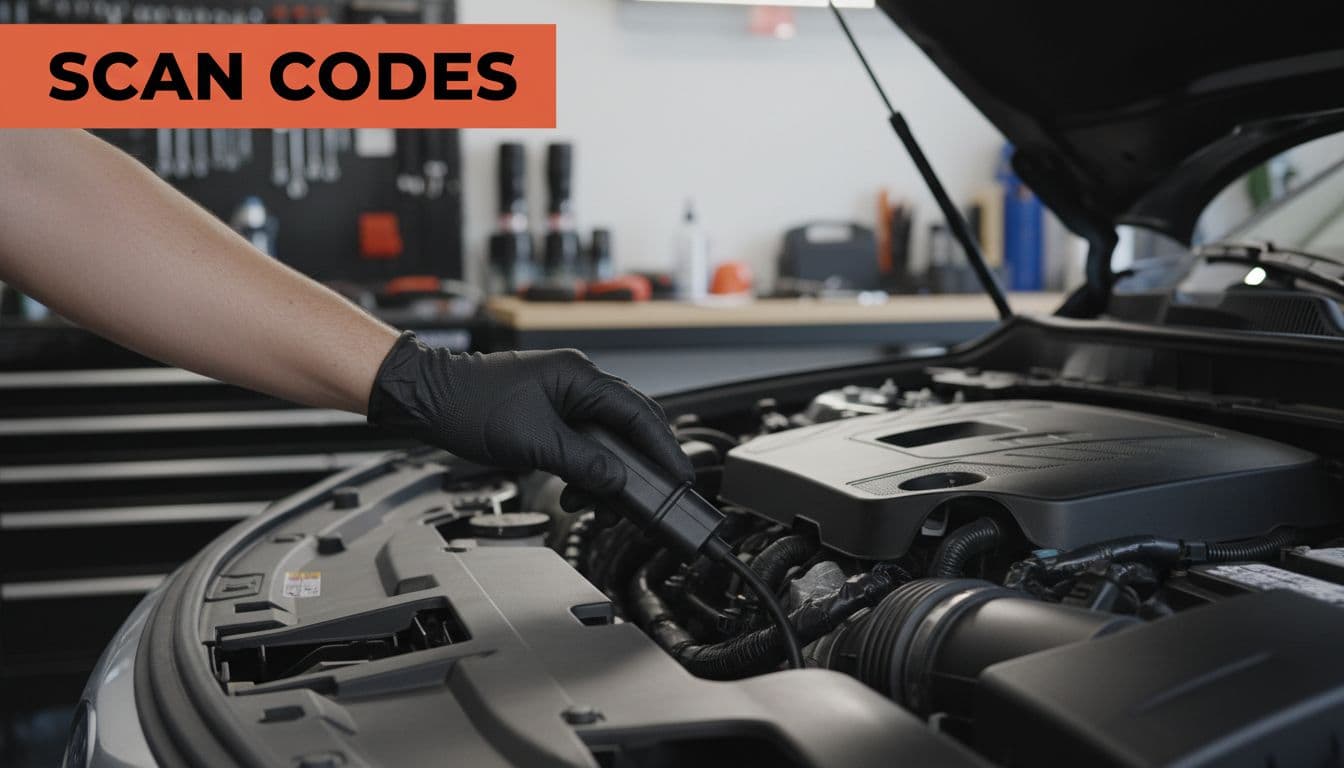 Gloved hand plugs black OBD-II scanner into Ford Explorer engine port, orange band with SCAN CODES at top, garage tools background.