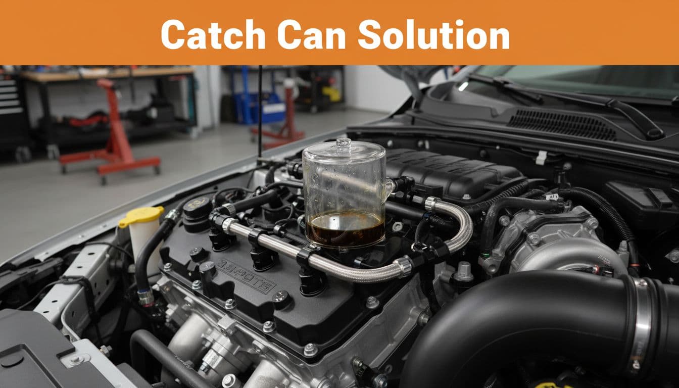 Oil catch can installed on PCV line of 3.5L EcoBoost engine traps oil vapors, with transparent can showing captured oil in engine bay under hood in mechanic shop.