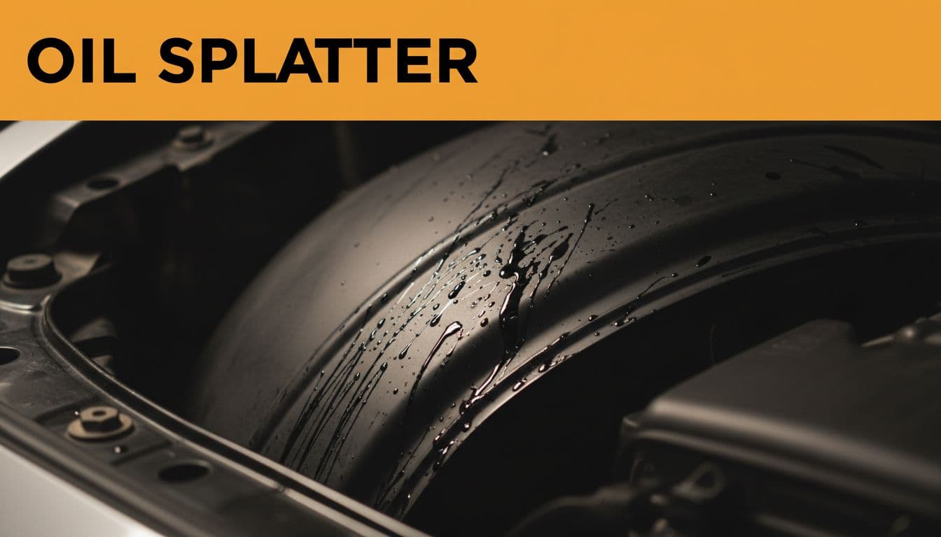 Close-up of shiny oil spots on car wheel well liner near engine under dim garage light, with orange band and 'OIL SPLATTER' headline above.