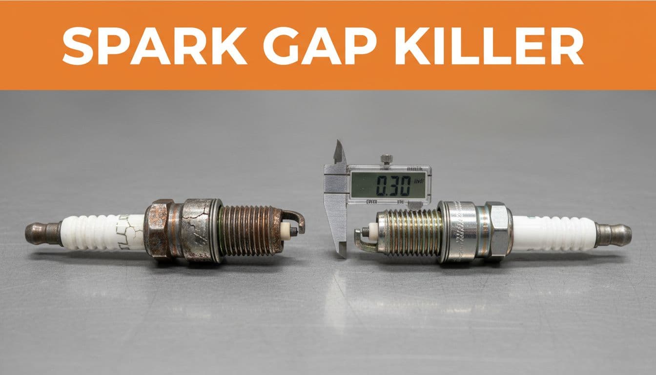 A worn spark plug with a wide gap is shown side-by-side with a precisely gapped new spark plug at 0.030 inches on a clean mechanic's workbench, highlighted by a bold 'Spark Gap Killer' headline in an editorial style.
