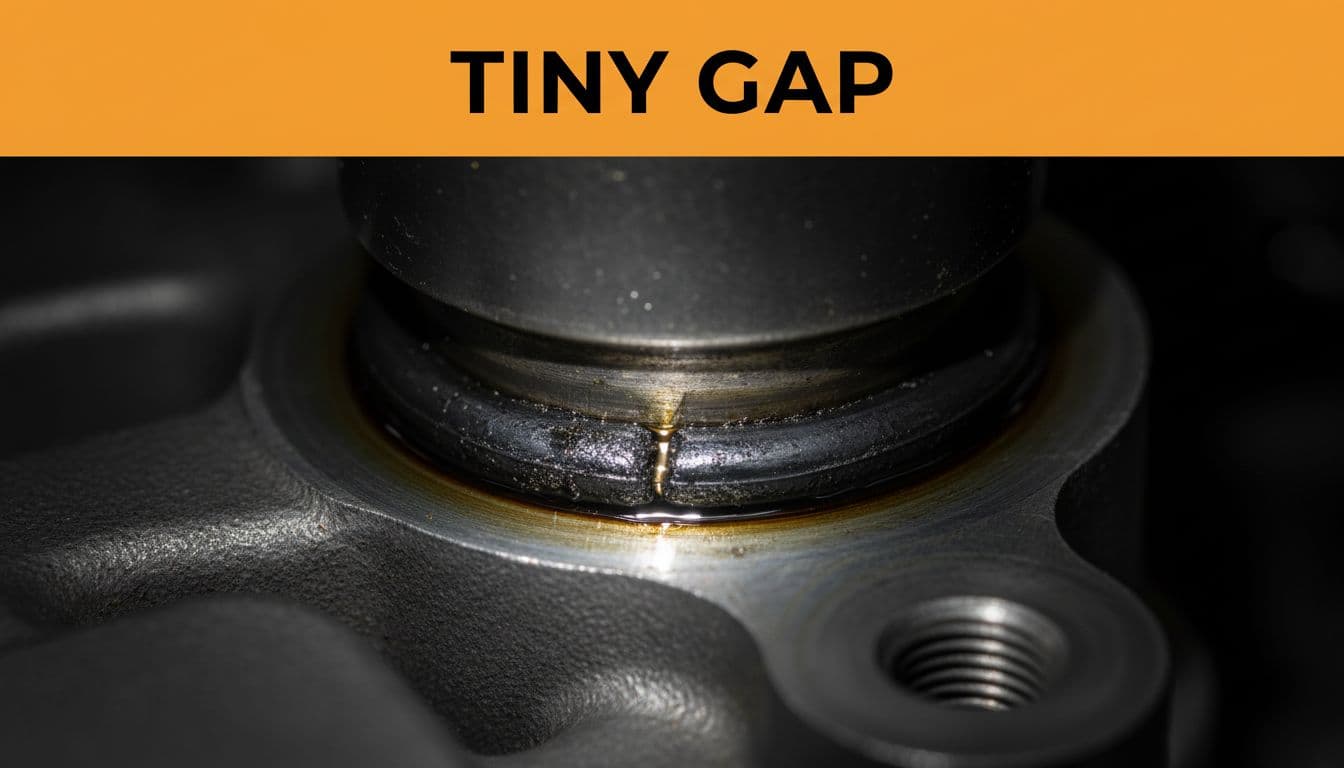 Close-up of 1mm gap in black gasket on Ford VCT solenoid base with oil residue and bright light, orange band with 'TINY GAP' above.