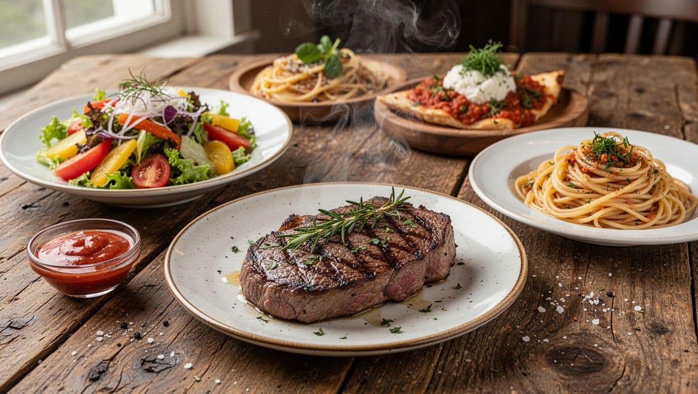 An assortment of appetizing restaurant dishes on a rustic wooden table, featuring colorful salad, grilled steak with herbs, and fresh pasta twirls, captured in a close-up overhead composition with soft natural light and vibrant textures.