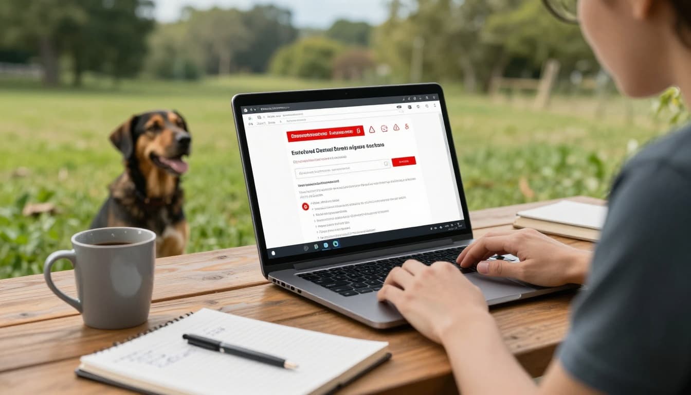 A photorealistic scene of a person sitting at a wooden outdoor desk on a sunny day, looking concerned at a laptop showing website error messages and security warnings, with a loyal dog nearby, coffee mug, and notebook.