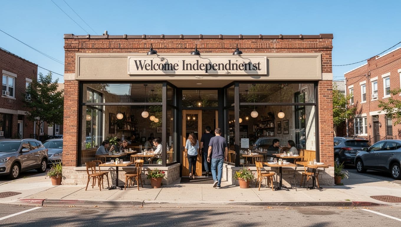 Photorealistic street photography of a welcoming independent restaurant exterior on a neighborhood street during a sunny afternoon, with large windows revealing cozy dining interior, exactly two customers entering, and parked cars nearby.