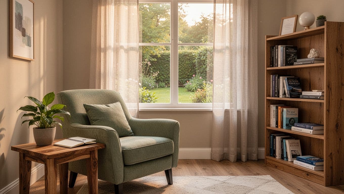 Cozy therapy office for psychology practice with sage green armchair, wooden side table with plant and notebook, bookshelf of psychology books, and large window showing garden view. Empty room in warm afternoon sunlight, realistic high-detail photograph.