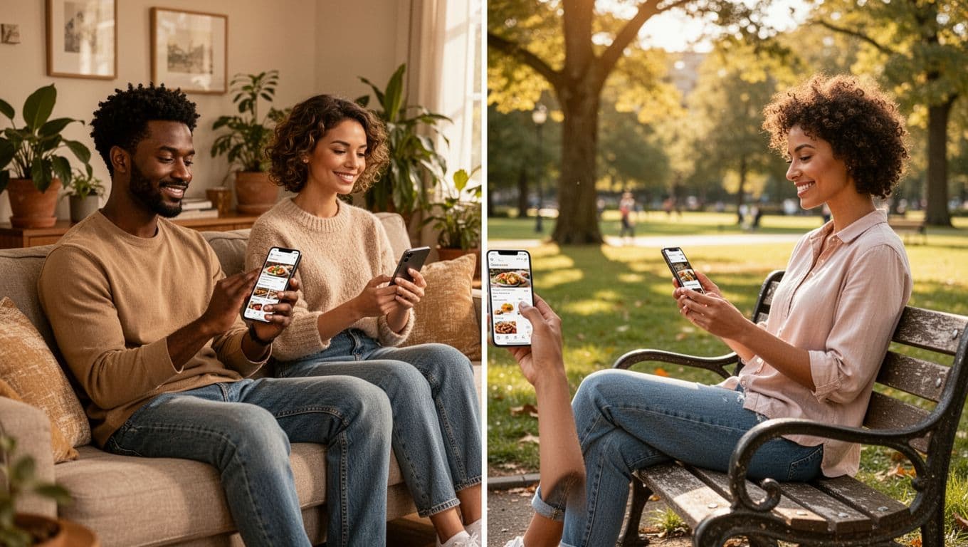 Three diverse adults in casual clothes relax while holding smartphones to view restaurant options: two on a cozy living room couch with plants, one on a sunny park bench, photorealistic with warm daylight.