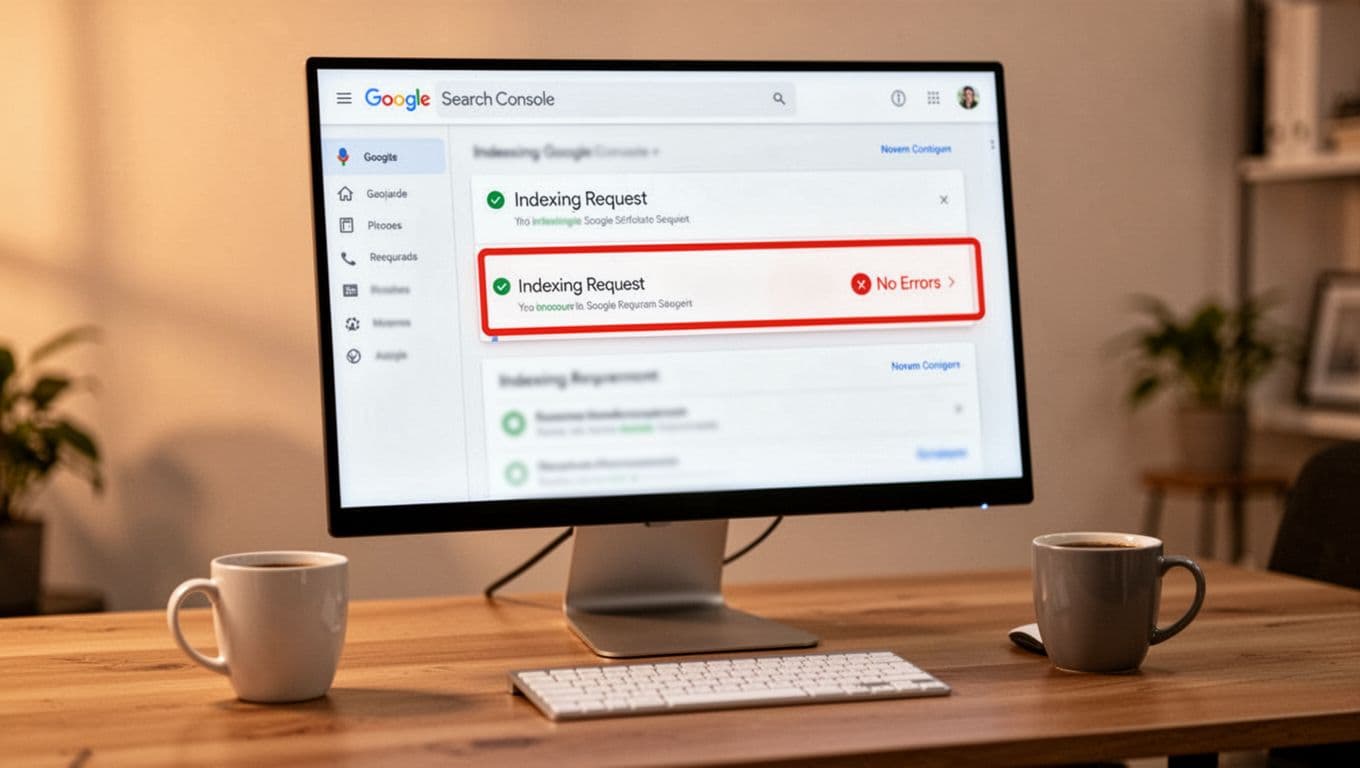 Desktop monitor displaying Google Search Console dashboard highlighting indexing request with no errors, on a clean office desk with coffee mug nearby, warm lighting, landscape view.