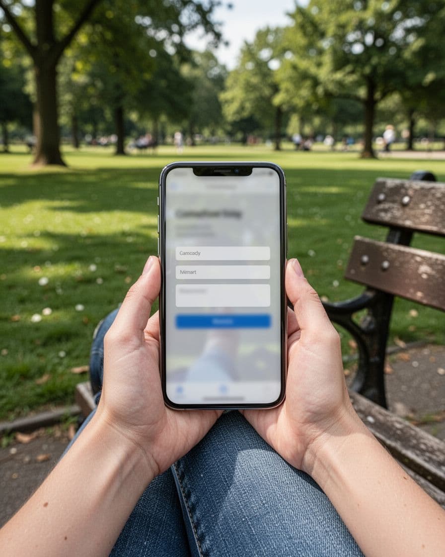 A single hand casually holds a mobile phone displaying a blurred simple contact form screen, resting on a knee while seated on a park bench amid green grass and trees under natural daylight in good weather.