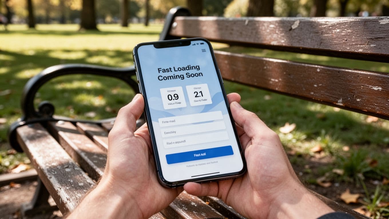 A mobile phone screen displays a fast-loading 