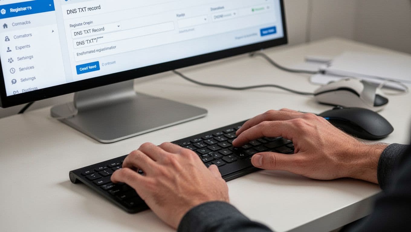 Closeup of hands adding a DNS TXT record in a domain registrar panel, with keyboard and mouse on a desk in a focused workspace under neutral lighting, photorealistic style.