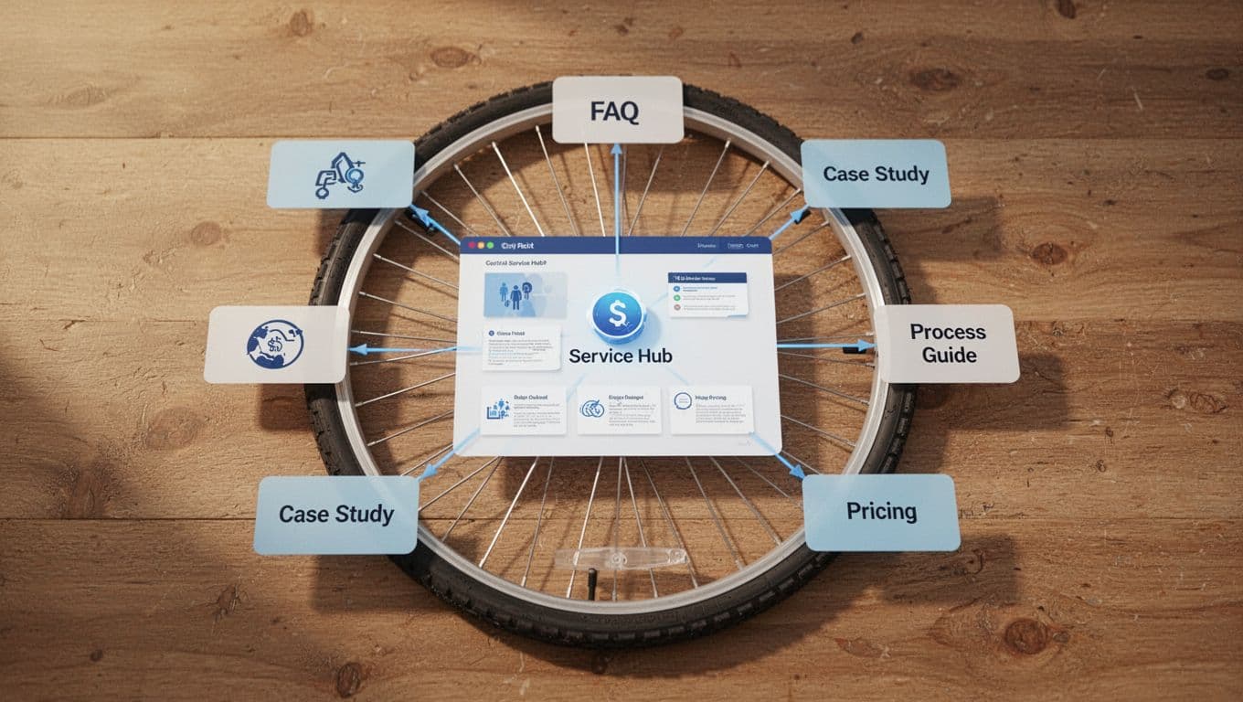 Photorealistic top-view of a bicycle wheel on a wooden table representing the hub and spoke model, with central hub connecting to spokes for FAQ, case study, process guide, and pricing; soft warm lighting, no text or people.