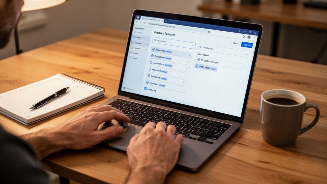 Photorealistic desk setup with laptop open to keyword research tool showing autocomplete suggestions, notebook with pen, coffee cup, and hands resting near keyboard in warm office lighting.