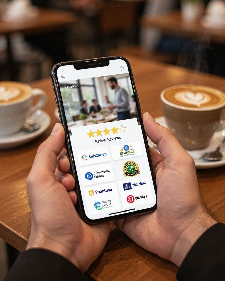 Realistic photo of a hand naturally holding a smartphone at an angle in a warm-lit cafe, displaying blurred website trust signals like review stars, client logos, and guarantee badges on the screen with no text visible.