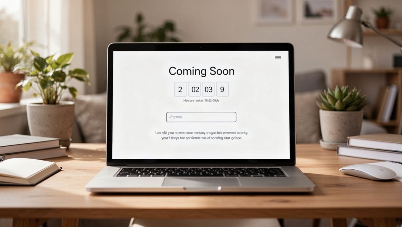 Clean modern coming soon webpage with countdown timer and email signup form displayed on a laptop screen in a cozy home office. Minimalistic design with soft natural daylight lighting, landscape composition, centered laptop only.