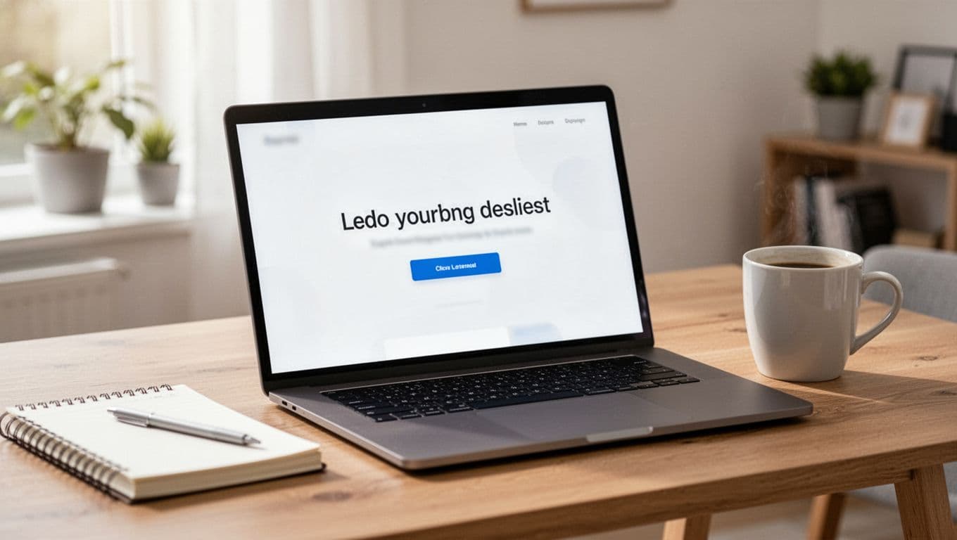 Clean modern homepage hero section on an angled laptop screen in a bright home office, with wooden desk, notebook, and coffee mug nearby under natural daylight.