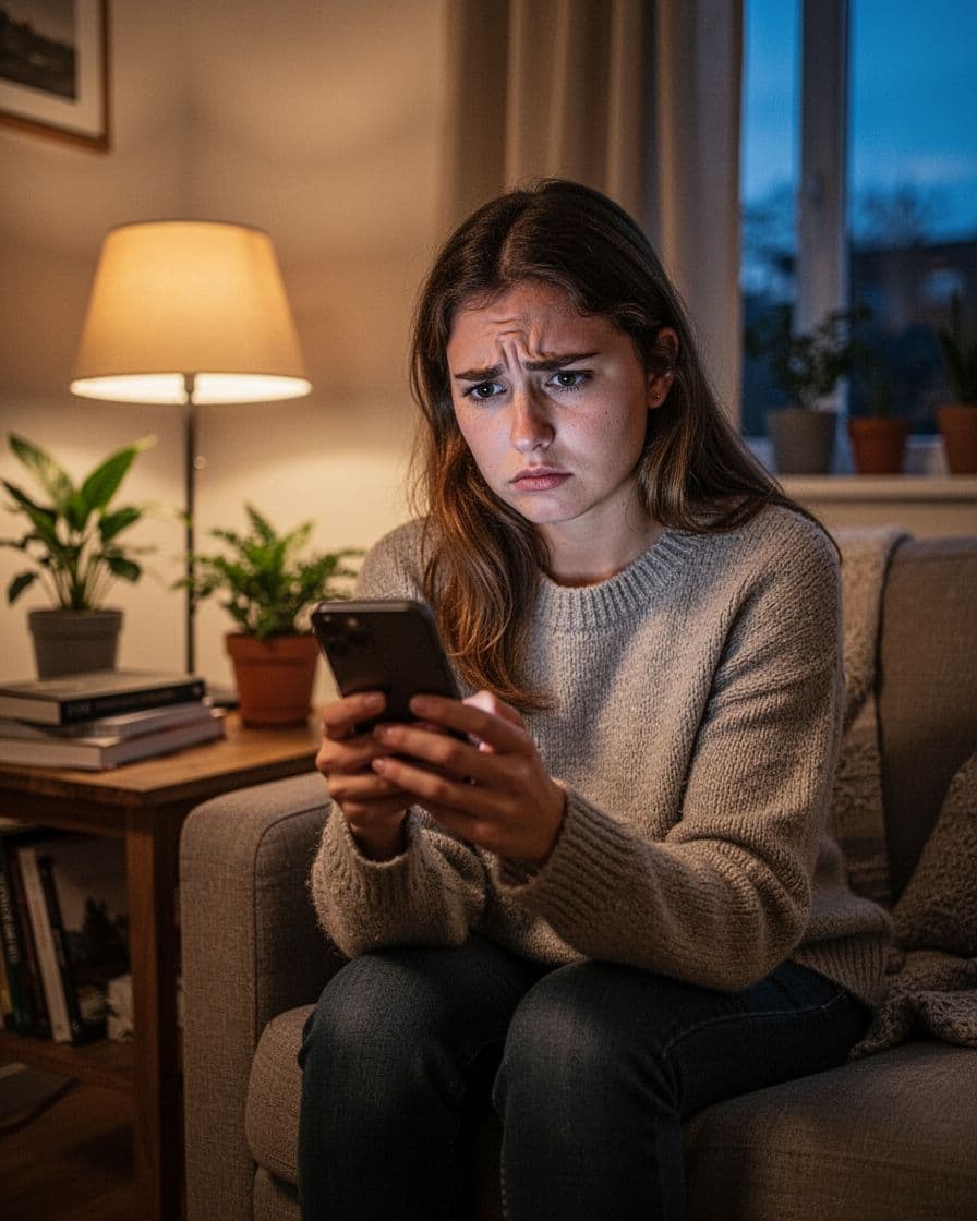 A young adult woman sits alone in a cozy living room at dusk, holding a smartphone with a blurred screen, looking pensive with furrowed brow under warm lamp light. Books and plants adorn the side table in this realistic portrait photography style.