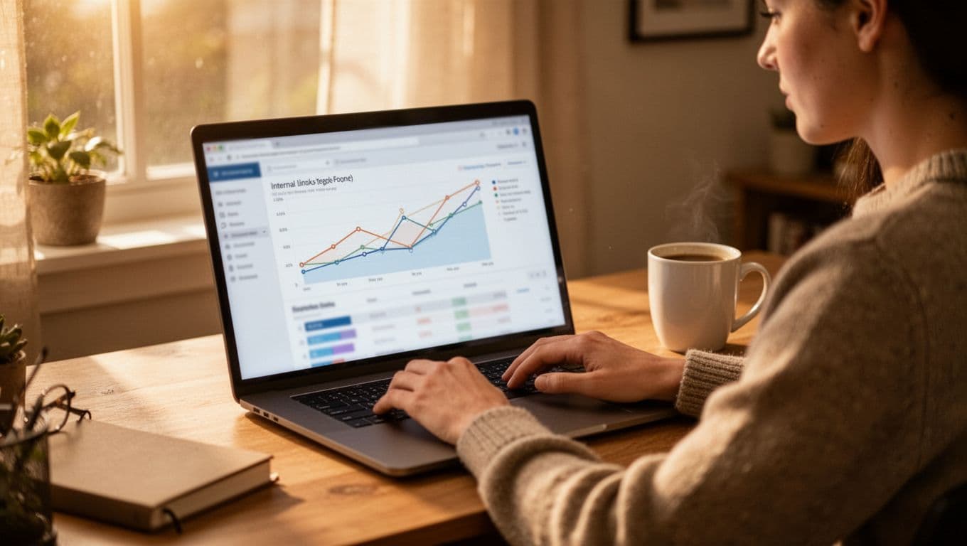 A relaxed person at a desk in a cozy home office reviews blurred website analytics on a laptop screen, highlighting an internal links graph, with a coffee mug nearby and afternoon light through the window.