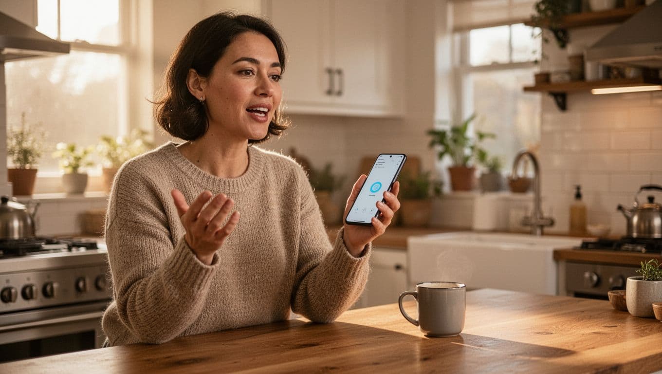 A person in a natural conversational pose speaks into a smartphone voice assistant in a cozy home kitchen, with a coffee mug on the counter and soft morning light from the window.