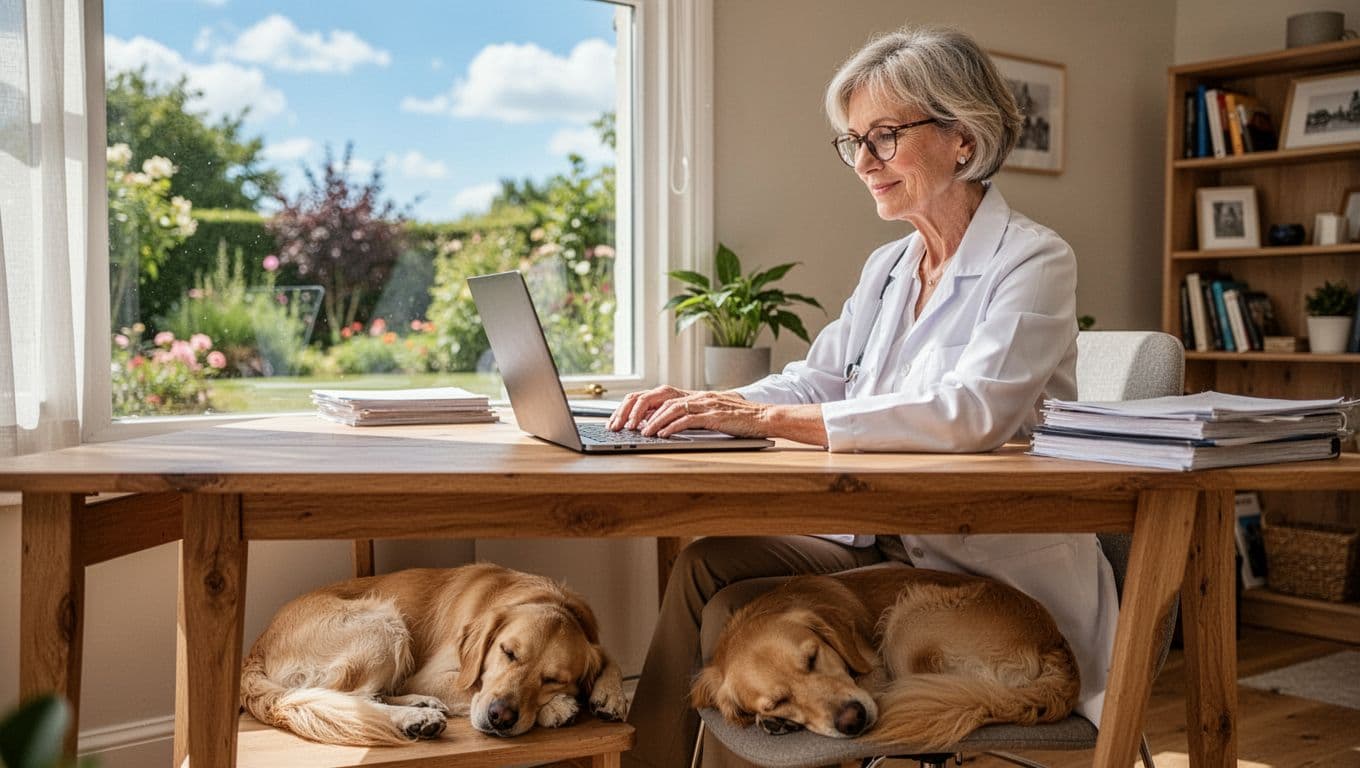 A middle-aged friendly woman psychologist with short hair and glasses sits at a wooden desk in a sunny home office, typing on her laptop with a calm focused expression. Her golden retriever dog is curled up sleeping under the desk, with a window view of a garden and blue sky.