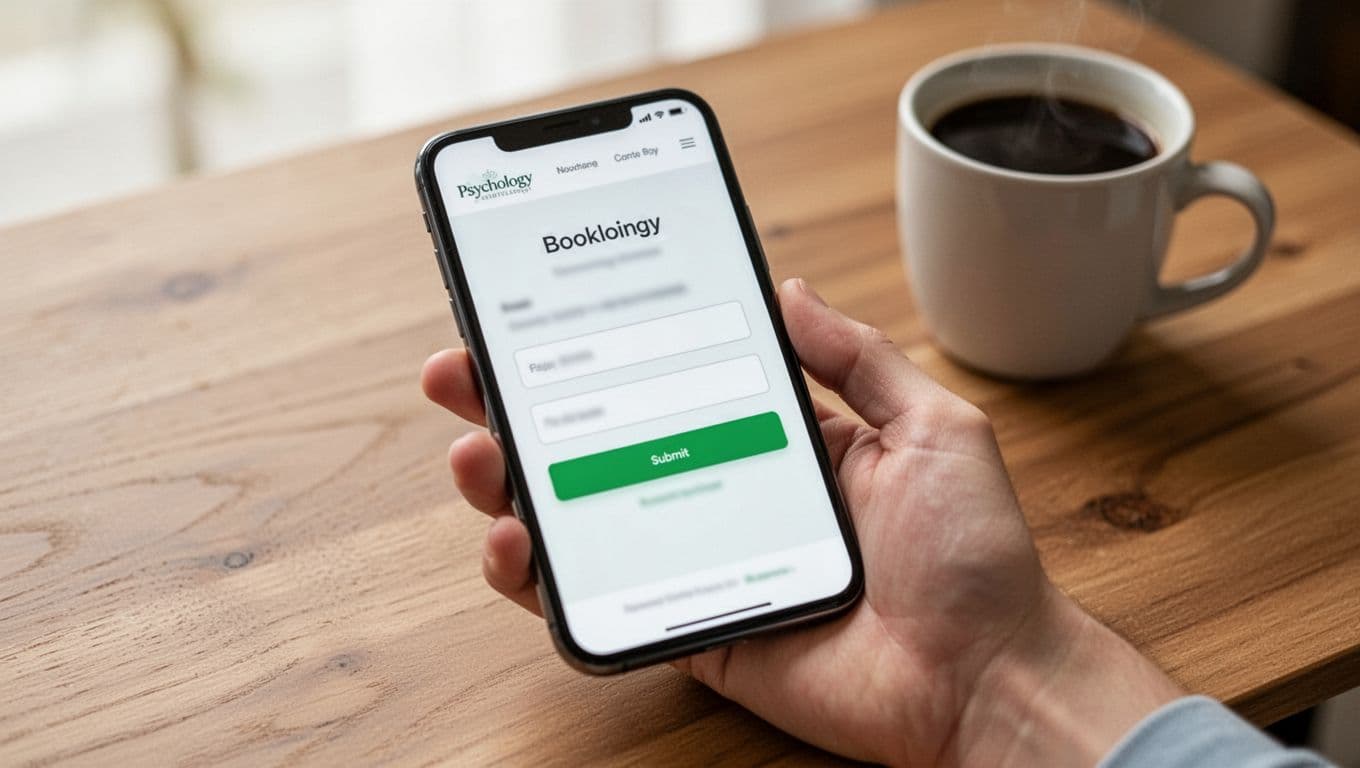 Smartphone held naturally in hand on wooden desk shows blurred mobile view of simple psychology website booking page with clean form fields and prominent green submit button. Coffee mug nearby in soft natural light, realistic style.