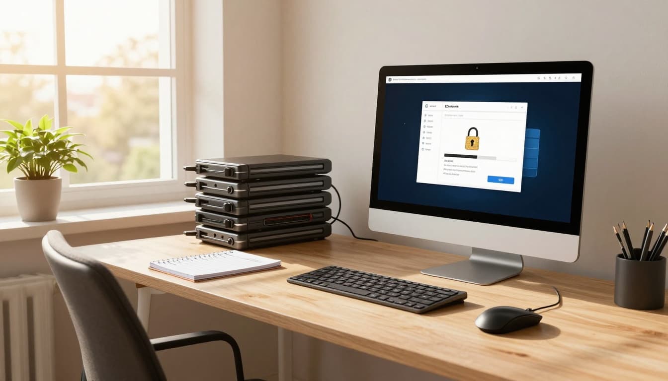 Landscape view of a clean modern home office during golden hour with sunlight streaming in, featuring a desktop computer displaying secure lock icons and updated software, stack of external hard drives, notepad checklist, potted plant, empty chair, keyboard, mouse, and secure connection indicators emphasizing organized tools for website recovery.