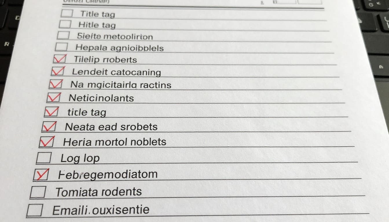 Simple checklist on paper next to a computer keyboard with SEO items like title tag, meta robots, and email signup crossed off, in a bright workspace with top-down photorealistic view and natural lighting.
