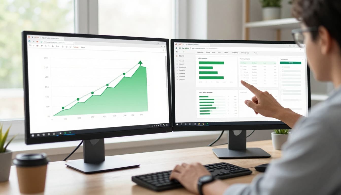 A relaxed professional in a bright office points to dual screens showing improving SEO metrics with upward traffic arrows and green charts, coffee nearby, natural light from window.