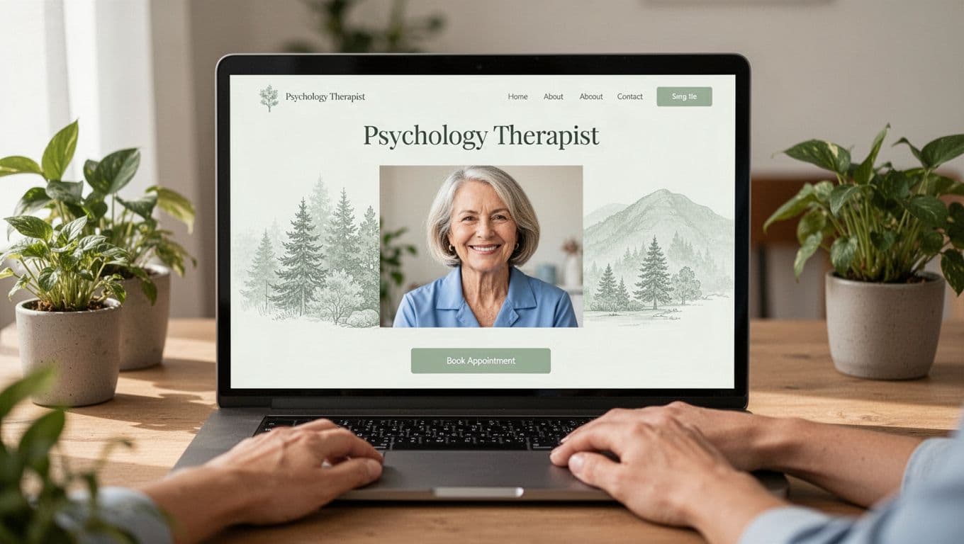 Realistic laptop screen mockup of a serene homepage for a psychology therapist website, featuring clean design with soft sage green and blue accents, subtle nature background, central smiling headshot of a middle-aged woman therapist, and prominent book appointment button on a wooden desk with plants.
