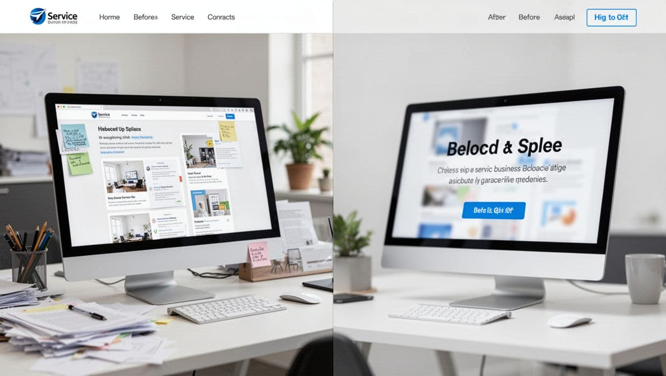 Split-screen comparison showing cluttered homepage on left and clean simple hero CTA on right for service business, with angled blurred screens on devices against modern workspace background in photo-realistic style.