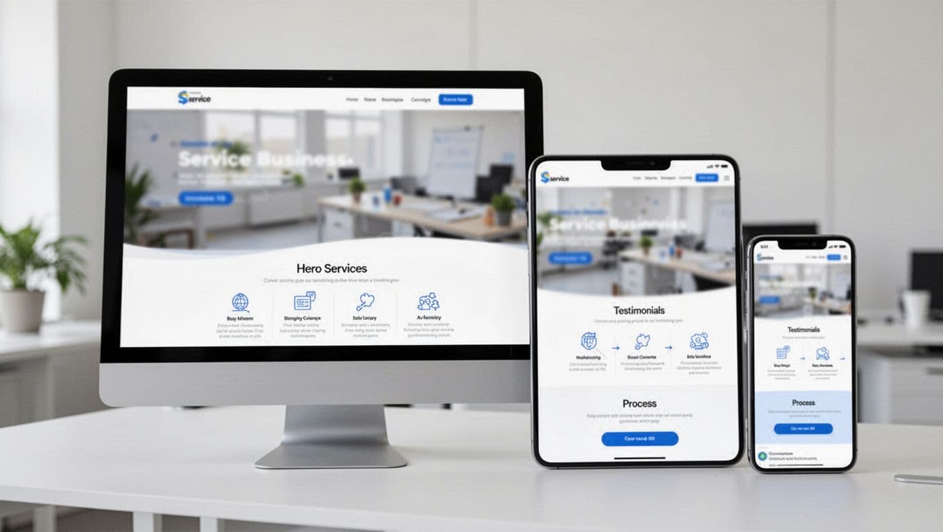Photo-realistic mockup showing a service business homepage layout on desktop and mobile devices side by side, with angled screens, blurred content, minimalist office background, and soft lighting.