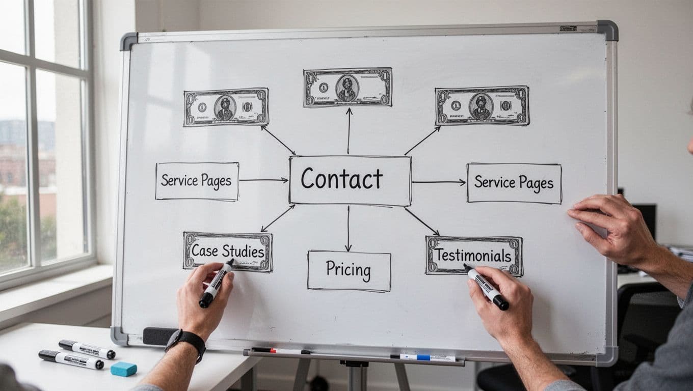 Clean whiteboard sketch showing central contact page connected to service pages, case studies, pricing, and testimonials in a minimalist realistic style. Office setting with marker, eraser, and natural daylight from window, no text or people.