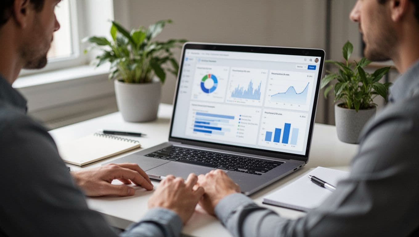 A person partially visible from the side at a quiet desk workspace, viewing a blurred analytics dashboard on a laptop, with notepad, pen, and plant nearby under natural daylight.