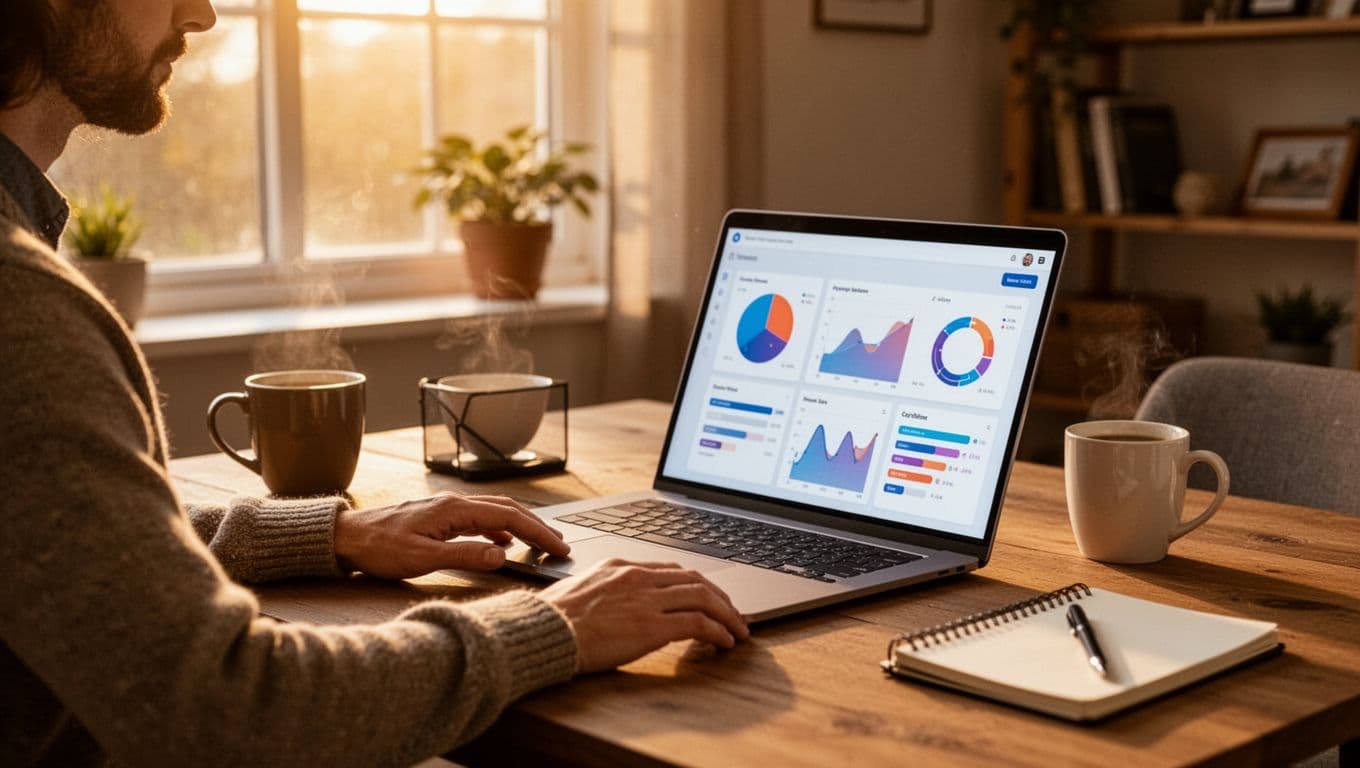 Small business owner sitting at desk in cozy home office with laptop showing abstract web dashboard at angle, coffee mug and notebook nearby, warm afternoon light through window, realistic photography style.