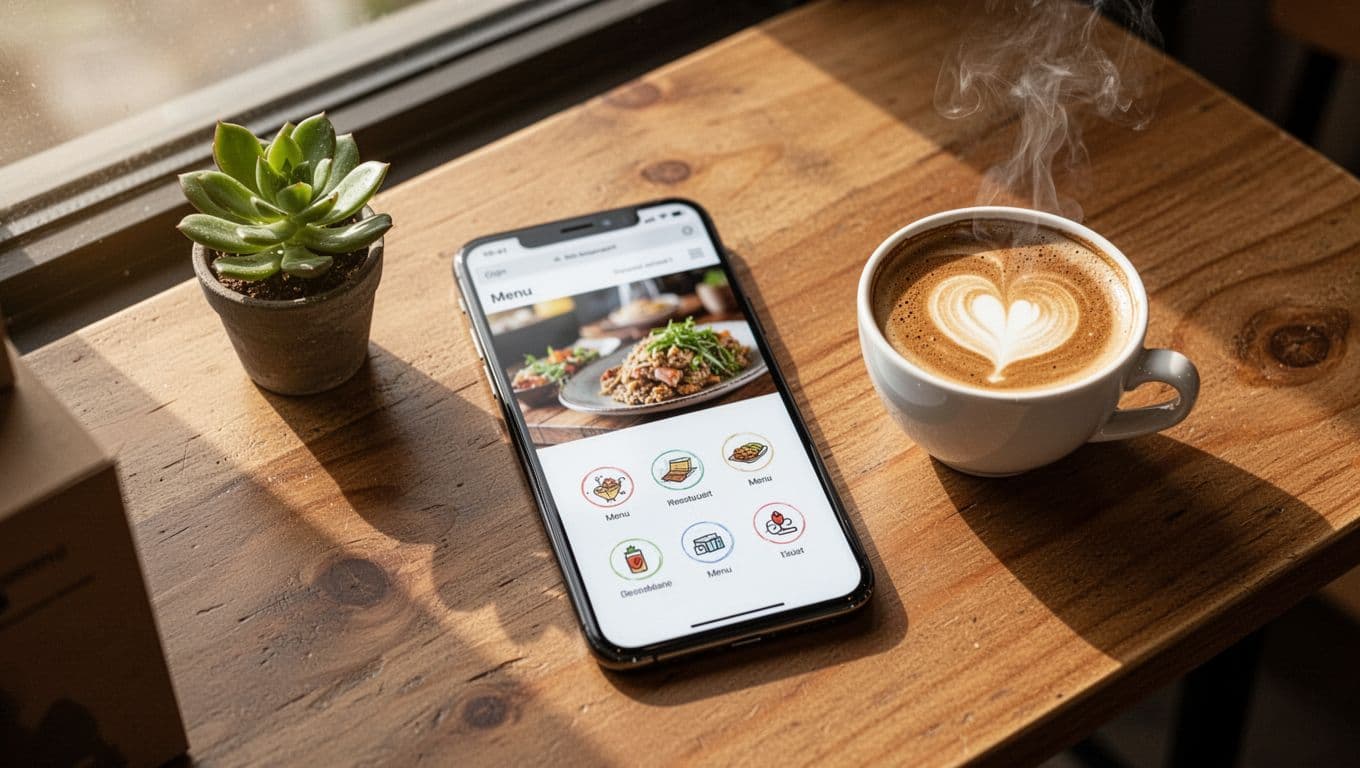 Smartphone lying flat on a wooden cafe table next to a steaming coffee cup and small plant, screen displaying blurred restaurant homepage with menu icons, bathed in morning sunlight, photorealistic top-down view.
