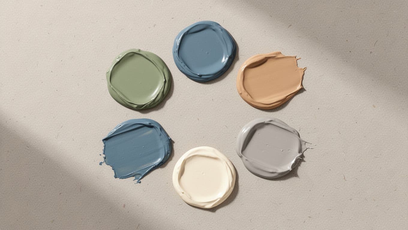 Circular arrangement of five paint swatches in sage green, warm soft blue, neutral beige, cream white, and light gray on a textured neutral paper background with gentle shadows and soft lighting in minimalist illustration style.