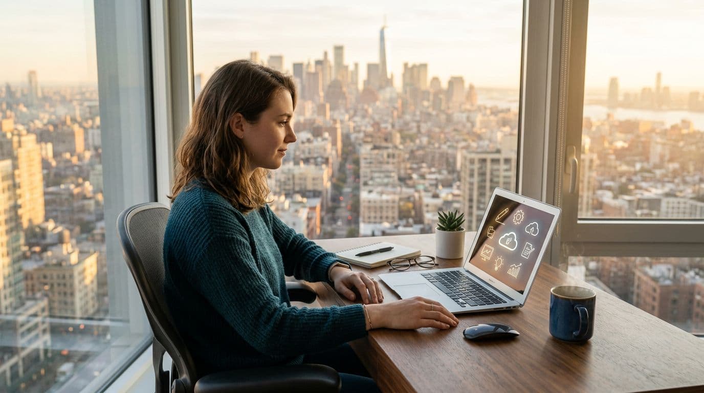 A young professional woman sits thoughtfully at a modern office desk, gazing at a laptop screen with abstract freelance icons, with a city skyline visible through a large window bathed in warm afternoon sunlight.