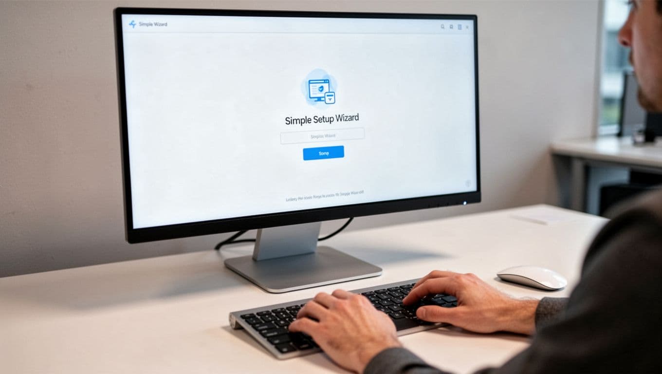 Clean computer screen displaying a simple setup wizard interface for a website tool, with partially visible relaxed hands typing on the keyboard in the foreground on a modern desk under soft office lighting.