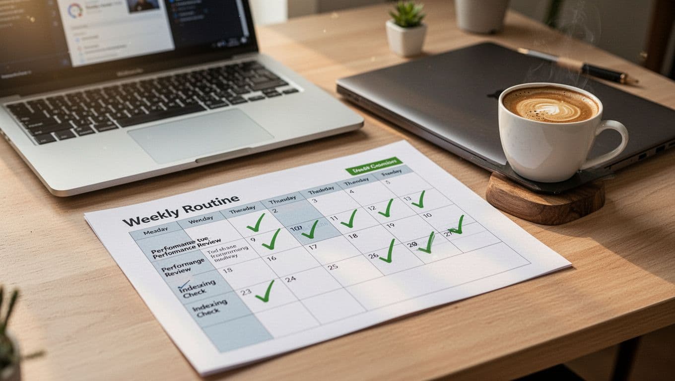 A realistic photo of a weekly routine calendar on a desk featuring checkmarks for performance review and indexing check, placed next to a closed laptop and coffee cup in soft morning light with a small business vibe.
