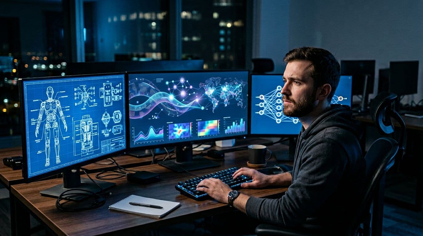 A developer at a desk with multiple screens displaying AI code and robot designs, thoughtfully pondering ethics in a modern late-night office illuminated by blue monitor lighting, relaxed hands on keyboard with coffee mug nearby, realistic style.
