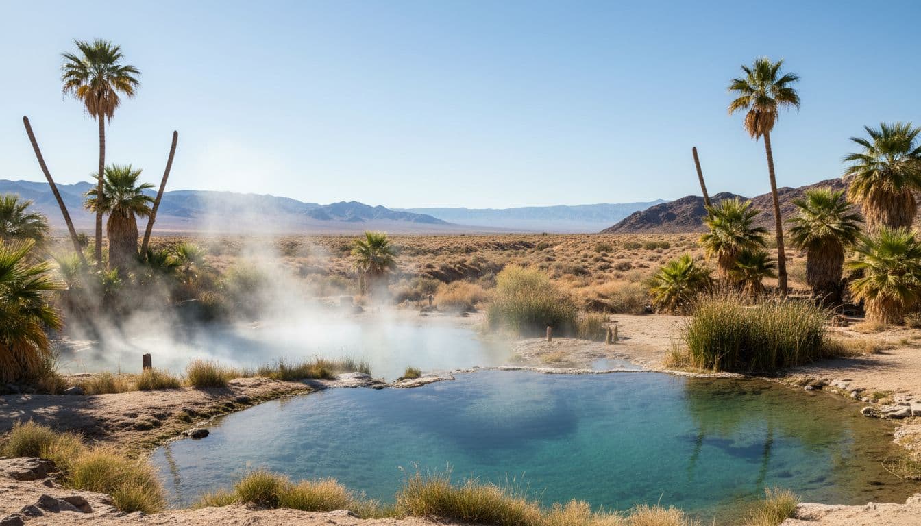 Natural hot spring pools nestled in a desert oasis with tall palm trees and green reeds framing clear turquoise steaming water, high desert Nevada valley with distant mountains, wide low-angle photorealistic landscape.