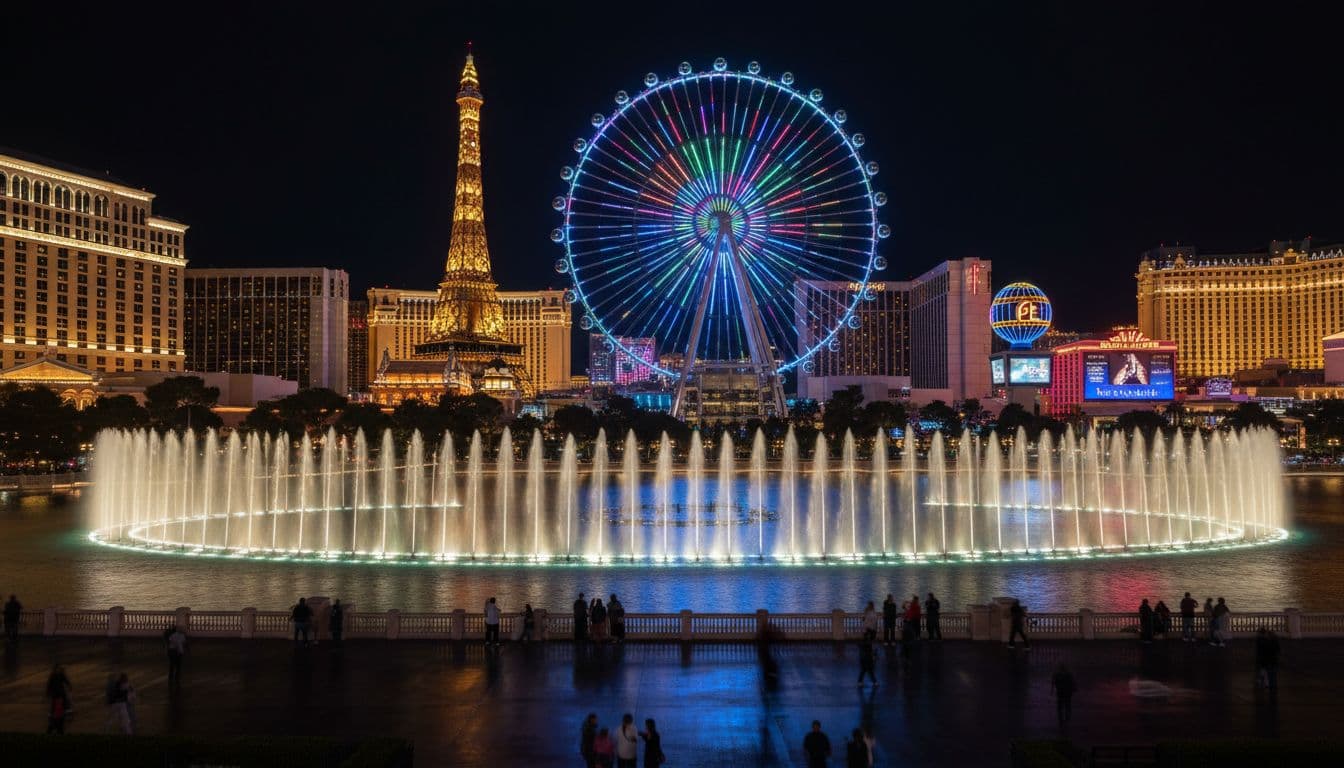Bellagio fountains spray water in foreground, High Roller wheel glows in background on Las Vegas Strip at night.