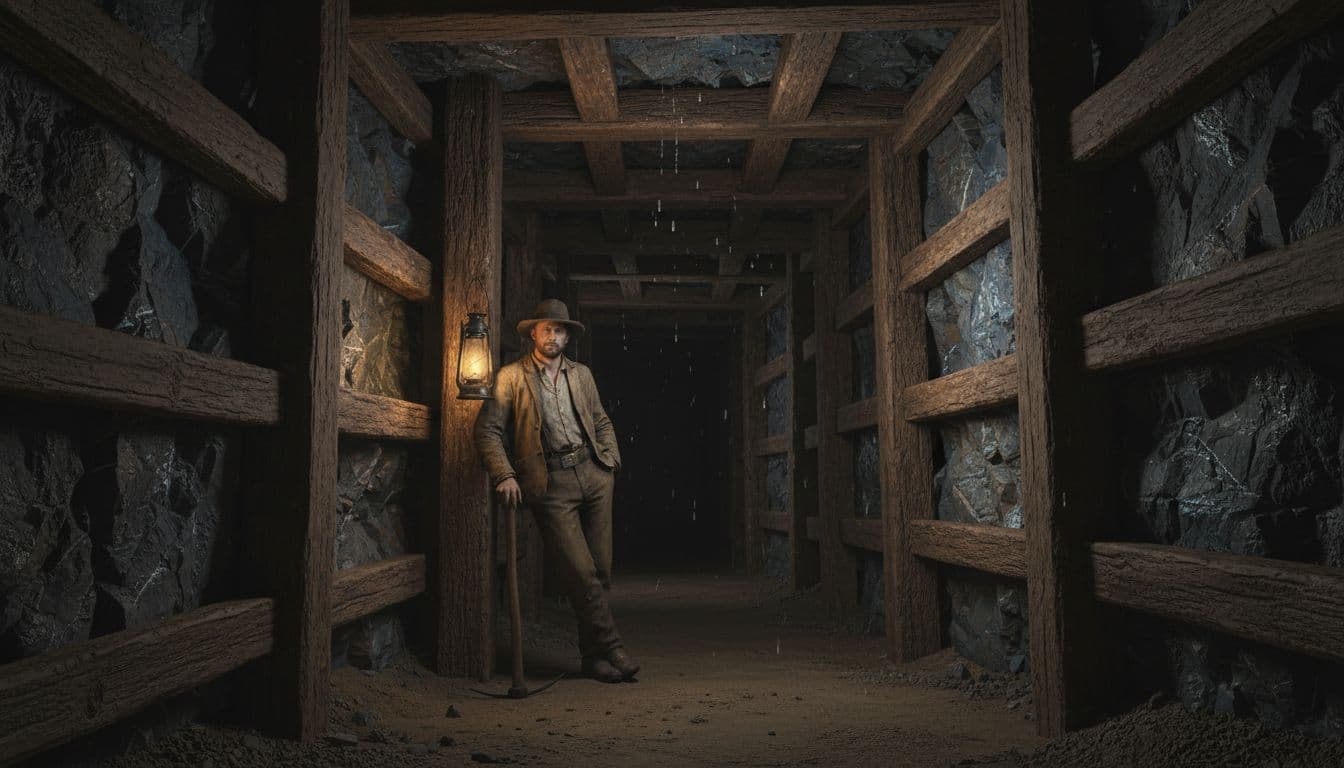Underground tunnel with square-set timber supports, jagged rock faces showing silver ore veins, and one miner leaning against timber with pickaxe under lantern light.