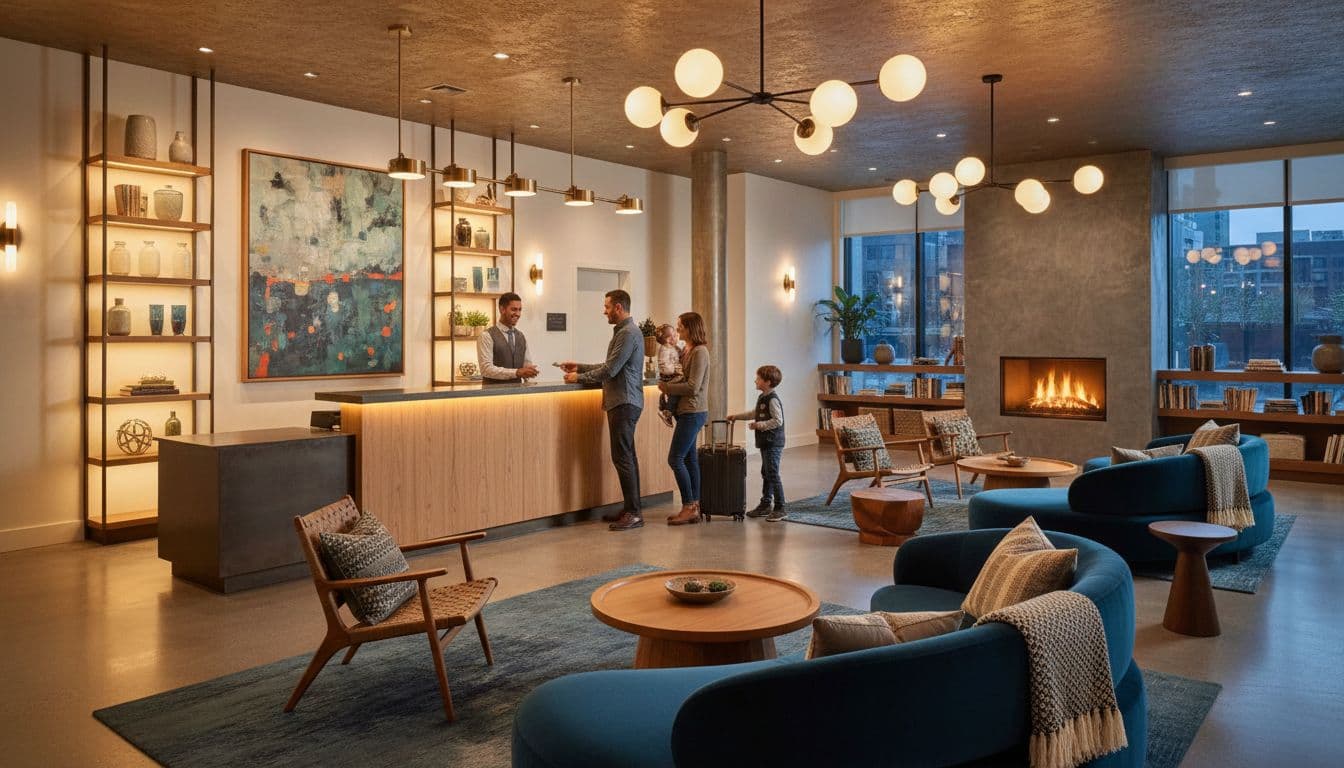 A cozy hotel lobby with comfortable seating areas, front desk, and exactly one family checking in under warm evening lighting in a modern inviting atmosphere. Landscape view with no other people, text, logos, or watermarks.