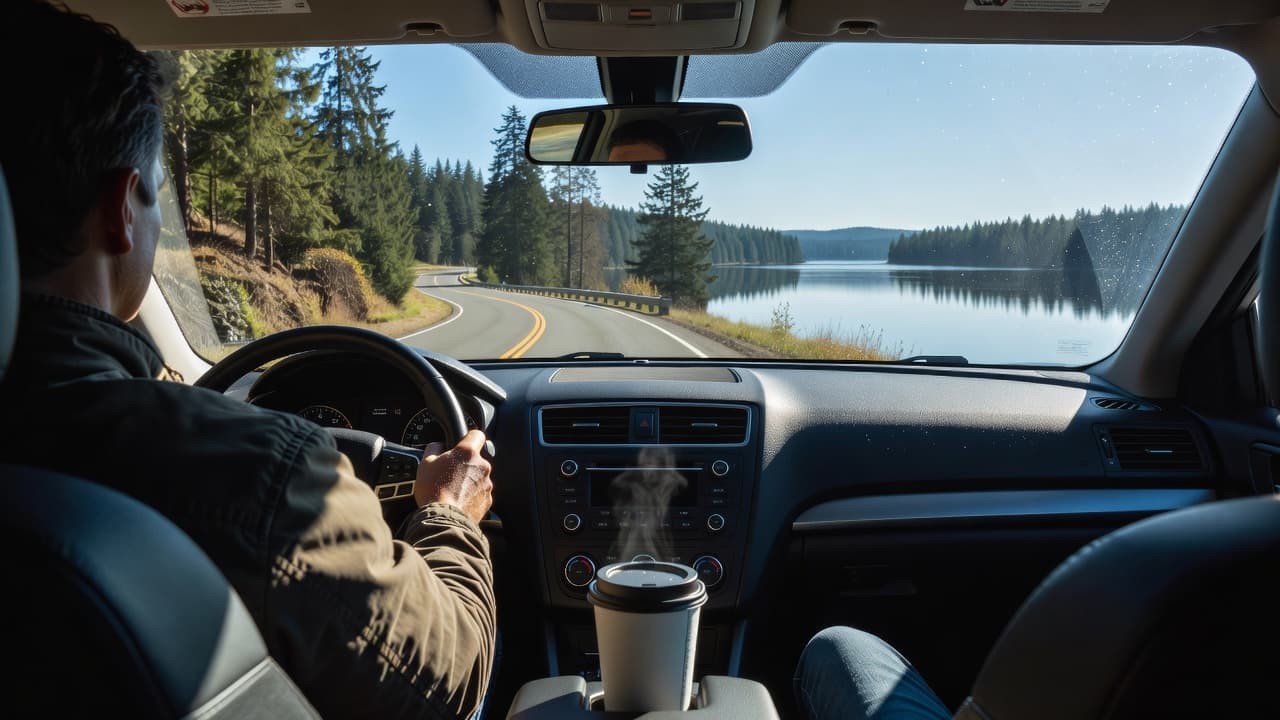 A steaming coffee cup sits in the vehicle cupholder while a lone driver cruises along a winding road. Outside the windshield, the sparkling blue waters of Lake Whatcom shimmer under bright sunlight.