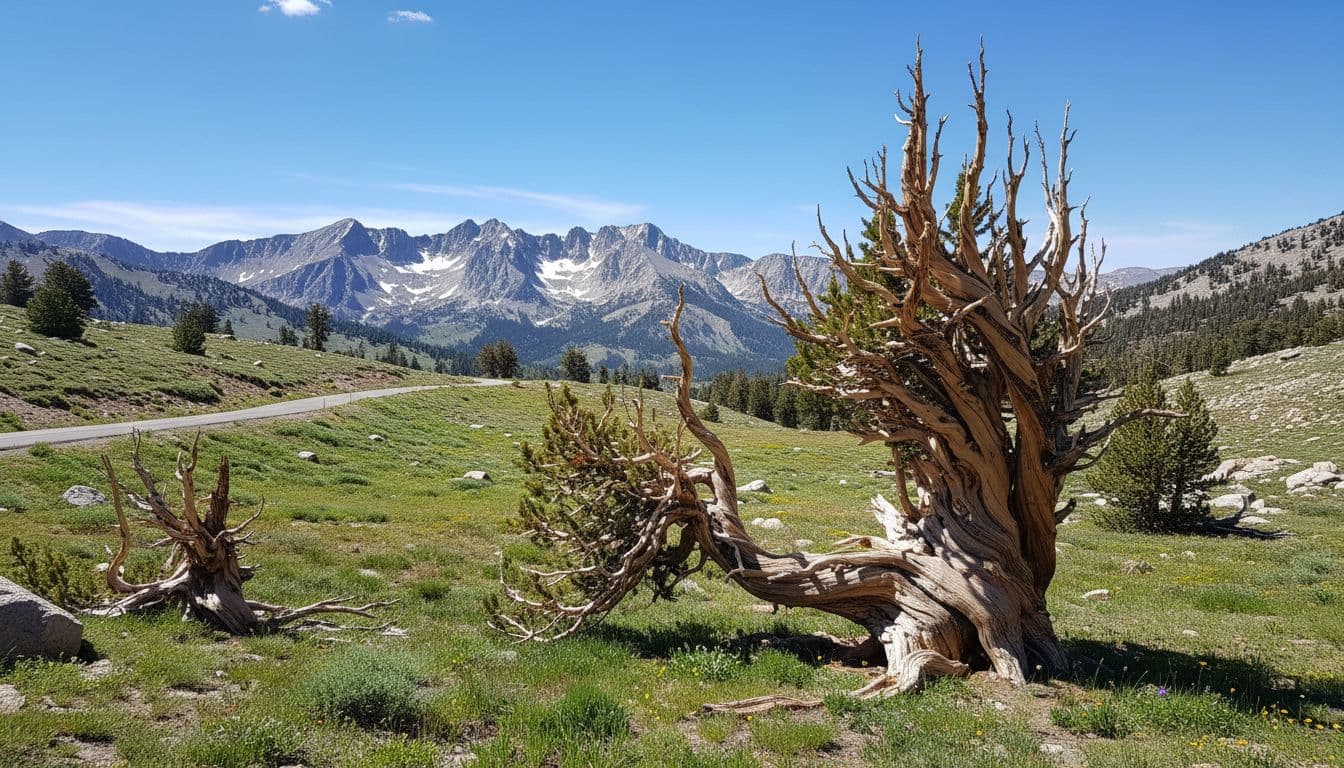 Scenic high-elevation alpine view in Great Basin National Park featuring Wheeler Peak mountains and ancient bristlecone pines in the foreground under a clear blue summer sky.