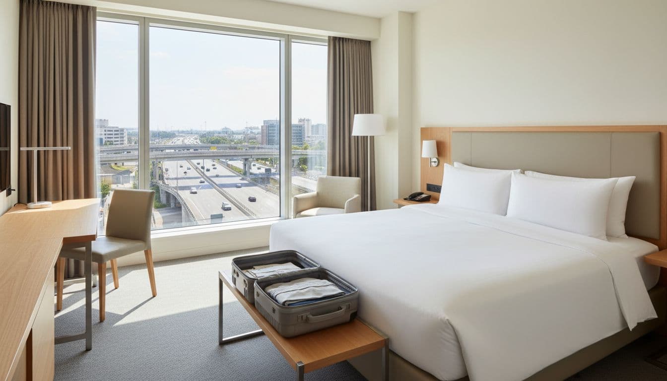 Clean modern hotel room with king bed, simple desk, large highway view window, bright natural daylight, streamlined furniture, crisp white linens, and one open suitcase on rack; no people.