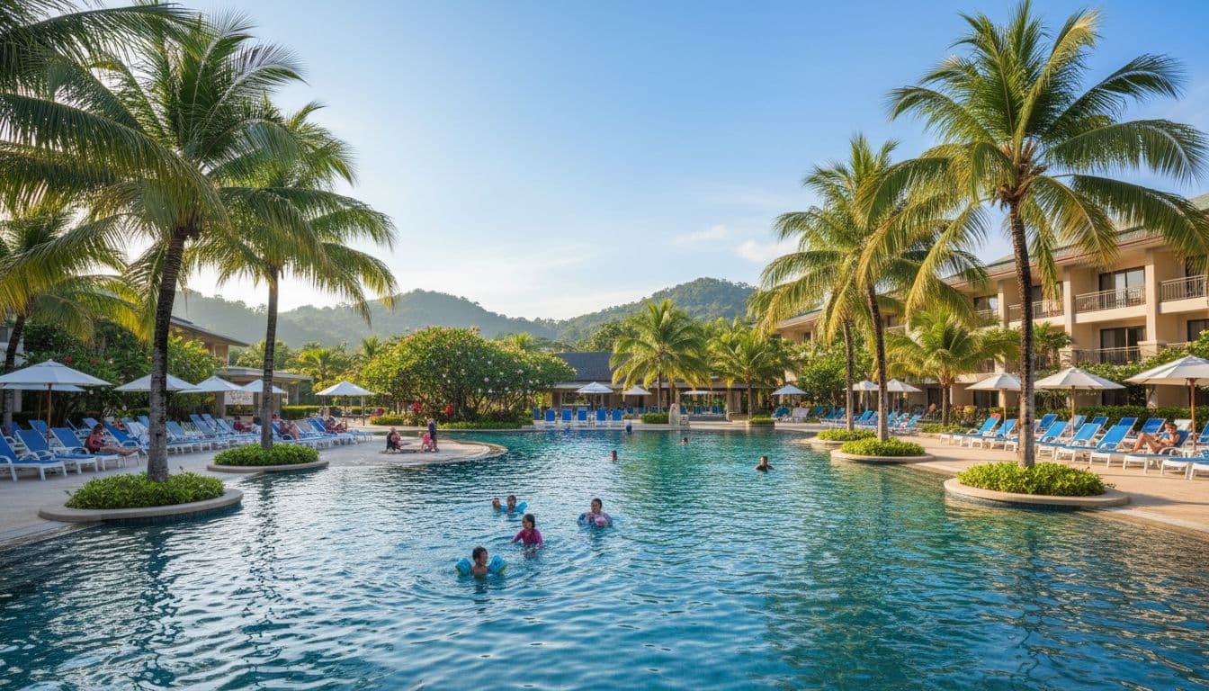 Outdoor hotel pool with lounge chairs, palm trees, and families swimming in sunny afternoon light, evoking a relaxed tropical resort vibe at a mid-range scale with few people.