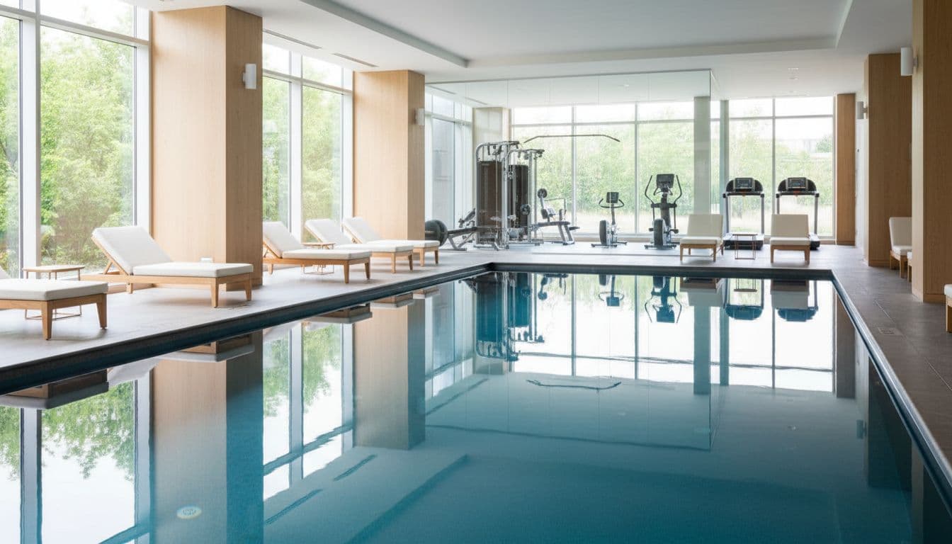 Indoor hotel swimming pool with blue water, lounge chairs, large windows, and fitness center in background.